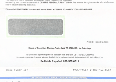 Example of mortgage scam mail opened letter using urgent language like “Immediate Response to This Notice Requested” and “Call Immediately as this will be our Final Attempt to Notify You.”