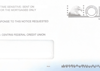 Example of mortgage scam mail envelope with urgent language in the text like “This Notice Is Time Sensitive” and “Immediate Response Requested”