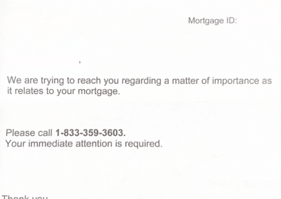 Example of letter that appears to be from your lender, Centris Federal Credit Union, but is not, using urgent language and vague details like “a matter of importance” and “The Mortgage Service Center” in the signature